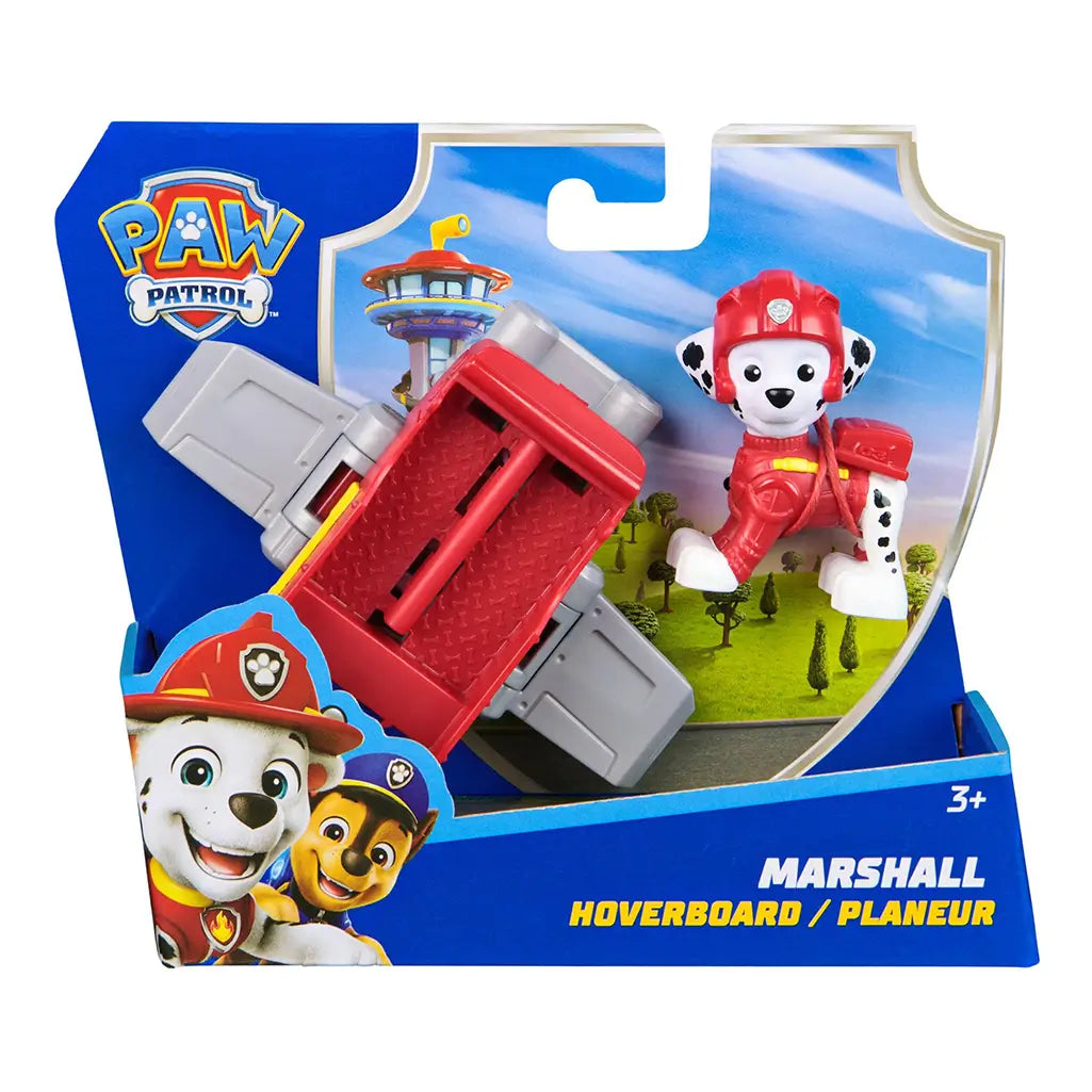 PAW Patrol Marshall hoverboard toy set in original packaging, includes red and gray hoverboard and exclusive Marshall Dalmatian figure in red rescue uniform.