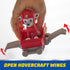 Hand holds PAW Patrol Marshall figure riding red hoverboard with gray wings extended, showcasing interactive hovercraft wing feature for action-packed play.