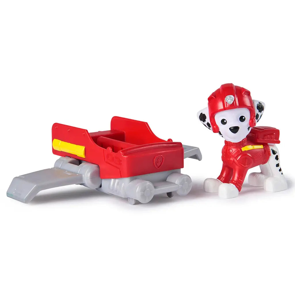 PAW Patrol Marshall Dalmatian figure in red outfit shown next to red and gray hoverboard, highlighting removable action figure and toy set components.