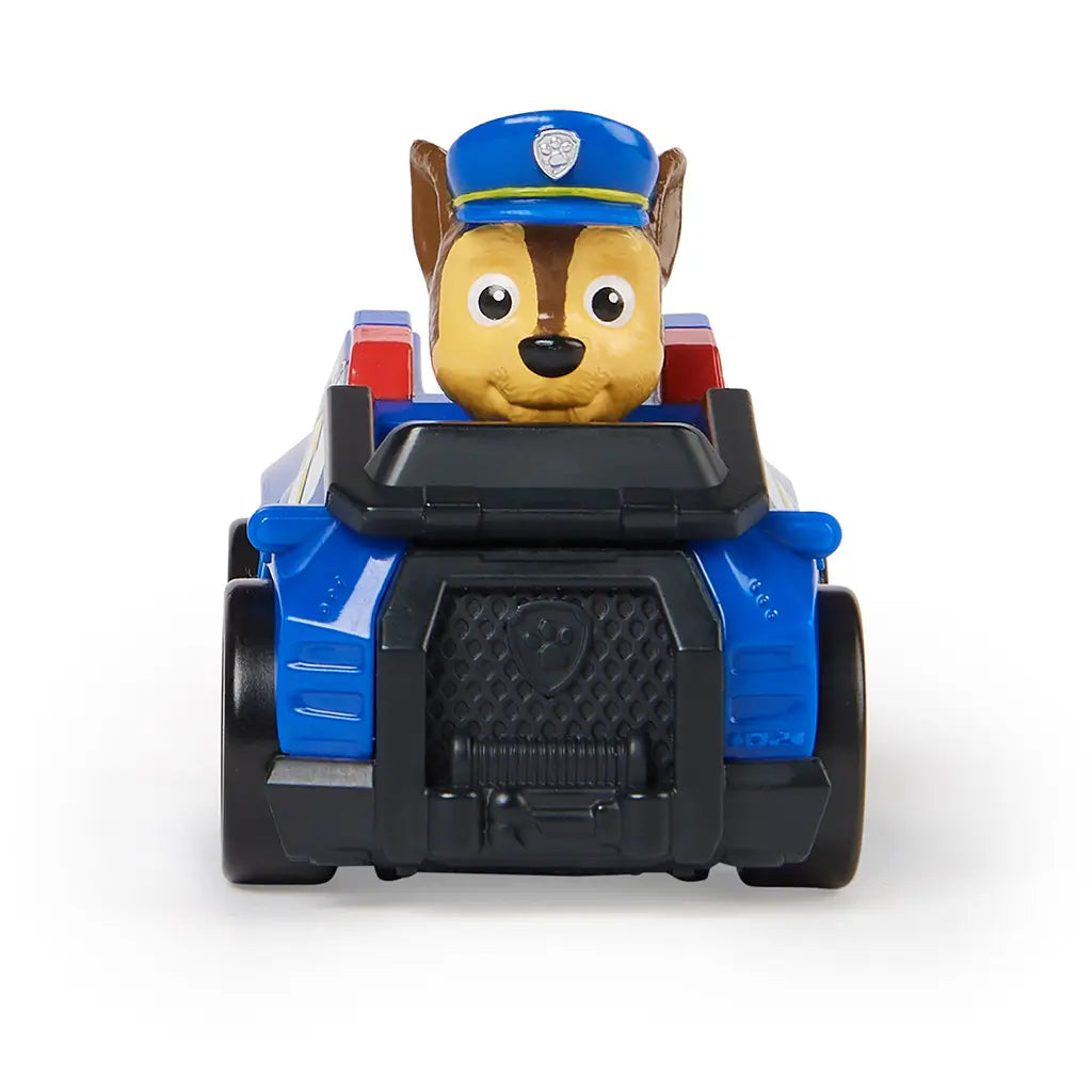 Paw Patrol Chase toy car front view in blue plastic with black grille and silver wheels, featuring brown pup character with police hat, symmetrical compact racer design, isolated on a clean white background for product listing