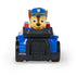 Paw Patrol Chase toy car front view in blue plastic with black grille and silver wheels, featuring brown pup character with police hat, symmetrical compact racer design, isolated on a clean white background for product listing