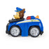 Paw Patrol Chase vehicle toy in blue molded plastic with silver wheels and black front grille, side profile showing compact racer form and police-themed details, isolated on a clean white background for product display