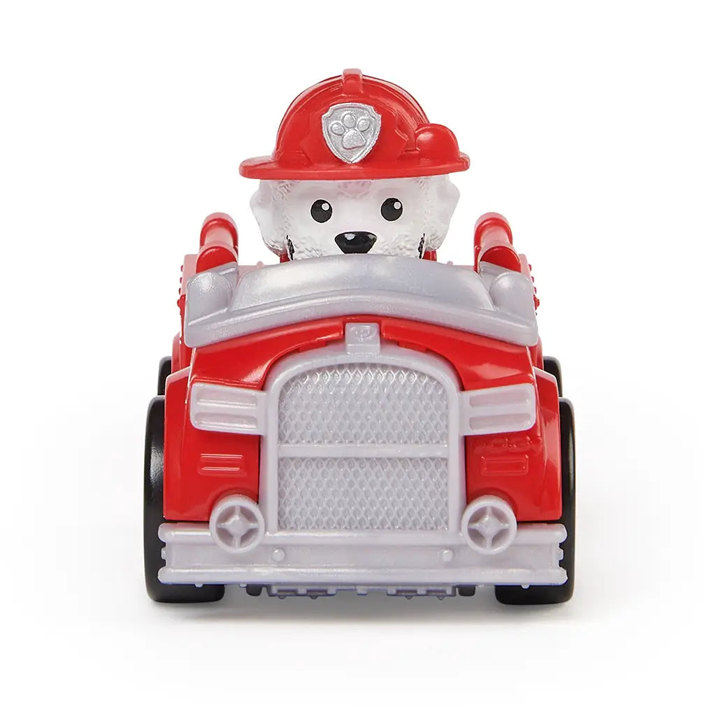 Paw Patrol Marshall toy car front view in red plastic with gray grille and silver wheels, featuring white Dalmatian pup with firefighter helmet, symmetrical compact racer design, isolated on a clean white background for product listing