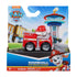 Paw Patrol Marshall Pup Squad Racers toy in red plastic fire truck with silver wheels and white Dalmatian figure, packaged in colorful Nickelodeon retail box, displayed against illustrated Adventure Bay backdrop for retail shelf presentation