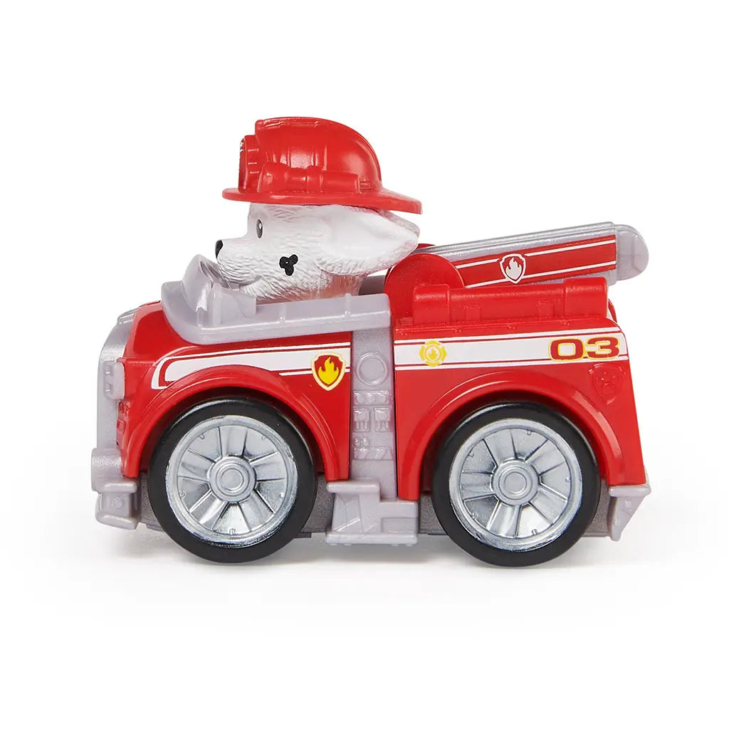 Paw Patrol Marshall vehicle toy in red molded plastic with silver wheels and gray front grille, side profile showing compact fire truck racer form with firefighter details, isolated on a clean white background for product display