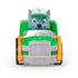 Paw Patrol Rocky toy car front view in green plastic with gray grille and silver wheels, featuring gray pup character with green cap, symmetrical compact racer design, isolated on a clean white background for product listing