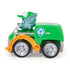 Paw Patrol Rocky vehicle toy in green molded plastic with silver wheels and orange side arms, side profile showing compact recycling truck racer form with eco-themed details, isolated on a clean white background for product display