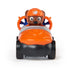 Paw Patrol Zuma toy car front view in orange plastic with rounded black base and silver wheels, featuring brown pup character with helmet, symmetrical compact racer design, isolated on a clean white background for product listing