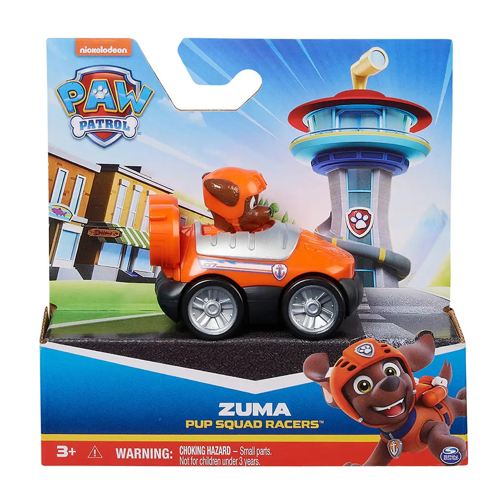 Paw Patrol Zuma Pup Squad Racers toy in orange plastic hovercraft vehicle with silver wheels and brown pup figure, packaged in colorful Nickelodeon retail box, displayed against Adventure Bay backdrop for retail shelf presentation