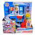 PAW Patrol Pup Squad Search and Rescue HQ playset in blue, gray, and red plastic, multi-level rescue tower with ramp and launch feature, retail packaging front displayed with branding and product images.
