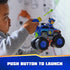 PAW Patrol toy truck blue plastic cruiser with yellow and green launcher mechanism, chunky black wheels and Chase figure, shown as child presses button to launch projectile in indoor play area.