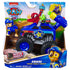 PAW Patrol Chase Rescue Wheels Cruiser blue plastic truck with oversized black wheels and yellow launcher displayed in retail packaging box with Nickelodeon branding and illustrated background.