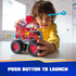 PAW Patrol Marshall fire truck toy includes bright red plastic body with smooth texture, ladder launcher and projectile feature, oversized wheels, shown in child’s hands during engaging tabletop play in a bright room.
