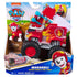 PAW Patrol Marshall Rescue Wheels fire truck in retail packaging features bright red plastic vehicle with flame graphics, oversized wheels, and character figure, presented in colorful branded box with outdoor scene backdrop.