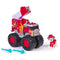 PAW Patrol Marshall fire truck toy features bright red plastic body with glossy and textured flame graphics, chunky oversized wheels, and ladder launcher, displayed with figure and accessories on a clean white background.