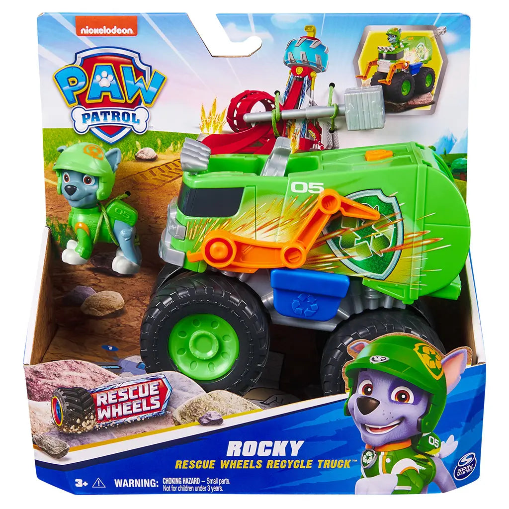 PAW Patrol Rocky Rescue Wheels recycle truck in retail packaging features bright green plastic vehicle with textured details, oversized wheels, and character figure, displayed in colorful branded box background.