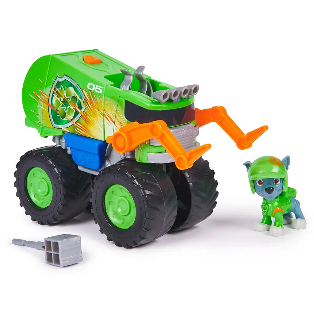 PAW Patrol Rocky recycle truck toy displays bright green plastic body with glossy finish, oversized rugged wheels, orange arm attachment, and character figure, arranged on a clean white background.