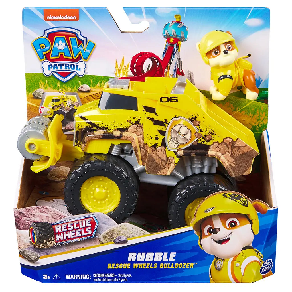 PAW Patrol Rubble Rescue Wheels bulldozer in retail packaging displays bold yellow plastic vehicle with rugged textures, oversized wheels, and character figure, presented in colorful branded box background.