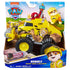PAW Patrol Rubble Rescue Wheels bulldozer in retail packaging displays bold yellow plastic vehicle with rugged textures, oversized wheels, and character figure, presented in colorful branded box background.