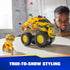 PAW Patrol Rubble bulldozer toy displays bright yellow plastic body with rugged textures, oversized wheels, and front roller, styled to match show design, shown on tabletop with character figure nearby.