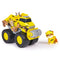 PAW Patrol Rubble bulldozer toy features bright yellow plastic body with rugged texture, chunky oversized wheels, and front plow roller, designed for rescue play on a clean white background.