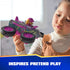 PAW Patrol Skye jet toy features pink and gray plastic body with glossy finish, winged shape, oversized wheels, and character figure, held by a child to inspire imaginative pretend play indoors.