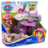 PAW Patrol Skye Rescue Wheels jet packaging shows pink and gray plastic vehicle with lightning graphics, oversized wheels, and character figure, displayed in a colorful branded retail box setting.