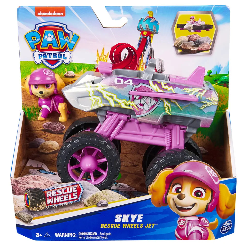 PAW Patrol Skye Rescue Wheels jet in retail packaging displays pink and gray plastic vehicle with bold graphics, oversized wheels, and character figure, presented in colorful branded box background.