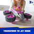 PAW Patrol Skye transforming jet toy features pink and gray plastic body with smooth texture, winged aircraft form, and oversized wheels rotated outward, demonstrating jet mode on a tabletop surface.