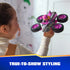 PAW Patrol Skye jet toy shows pink and gray plastic body with smooth glossy texture, aircraft-inspired shape, oversized wheels, and character figure, styled to match show design in a home setting.