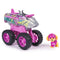 PAW Patrol Skye Rescue Wheels jet toy features pink and gray plastic body with glossy finish, angular aircraft shape, oversized rugged wheels, and character figure, displayed on a clean white background.