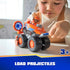 PAW Patrol Zuma hovercraft toy features bright orange plastic body with smooth and textured surfaces, oversized wheels, and projectile launcher discs, shown in child’s hands during tabletop play scene.