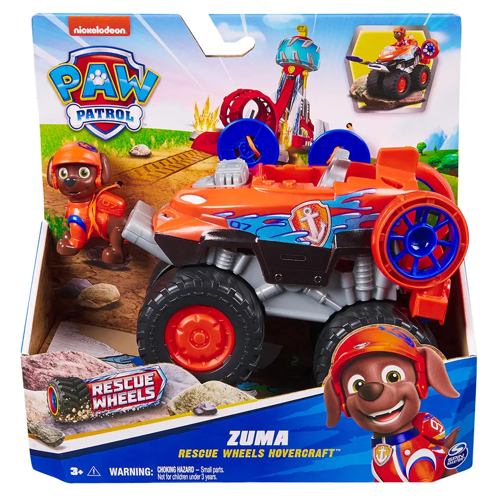 PAW Patrol Zuma Rescue Wheels hovercraft in retail packaging features bright orange plastic vehicle with textured details, oversized wheels, and character figure, displayed in colorful branded box background.
