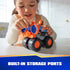 PAW Patrol Zuma hovercraft toy includes bright orange plastic body with smooth texture, built-in storage ports, oversized wheels, and rear fan detail, shown in child’s hands during indoor play activity.
