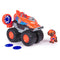 PAW Patrol Zuma hovercraft toy displays bright orange plastic body with glossy finish, rugged oversized wheels, rear fan, and character figure, arranged on a clean white background with accessories.