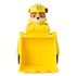Front view of Paw Patrol Rubble bulldozer toy with large yellow scoop raised, black tread wheels, and Rubble pup wearing construction hat in driver’s seat.