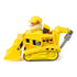 Side profile of Paw Patrol Rubble bulldozer toy with moving scoop, yellow construction design, black tread wheels, and Rubble pup sitting in driver’s seat.
