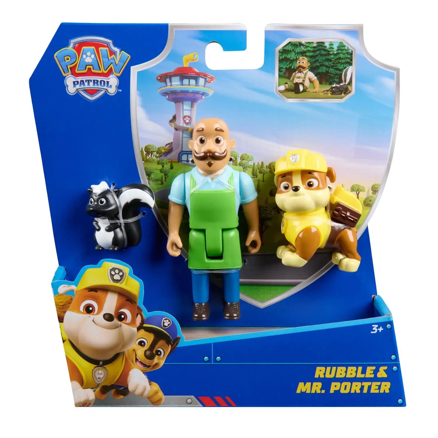 Paw Patrol Rubble & Mr. Porter toy set in retail packaging, featuring Rubble in yellow construction gear, Mr. Porter in green apron, and a small black-and-white skunk figure.
