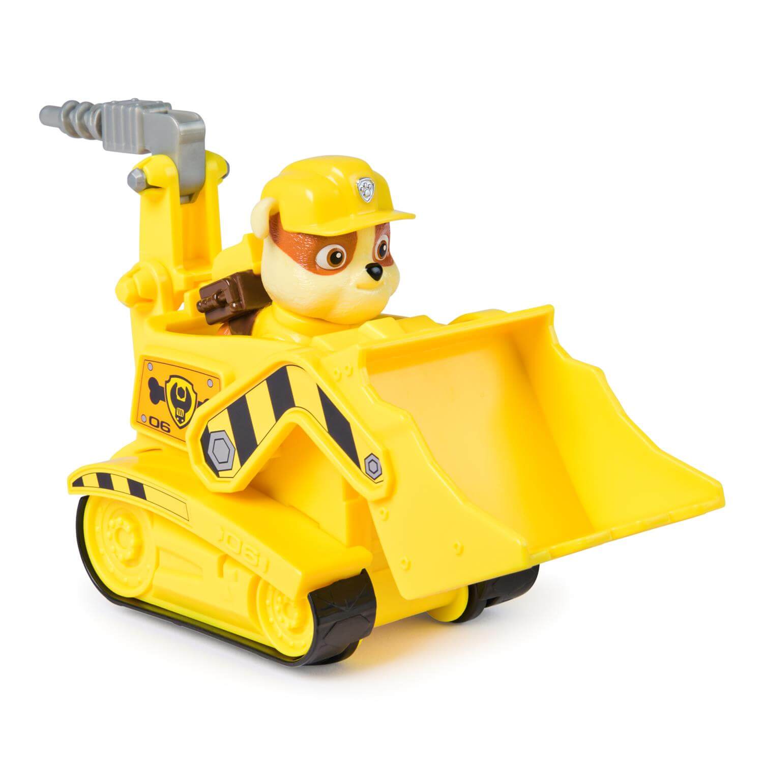 PAW Patrol Rubble's Bulldozer Vehicle Figure Set with Rubble sitting in the vehicle on a white background