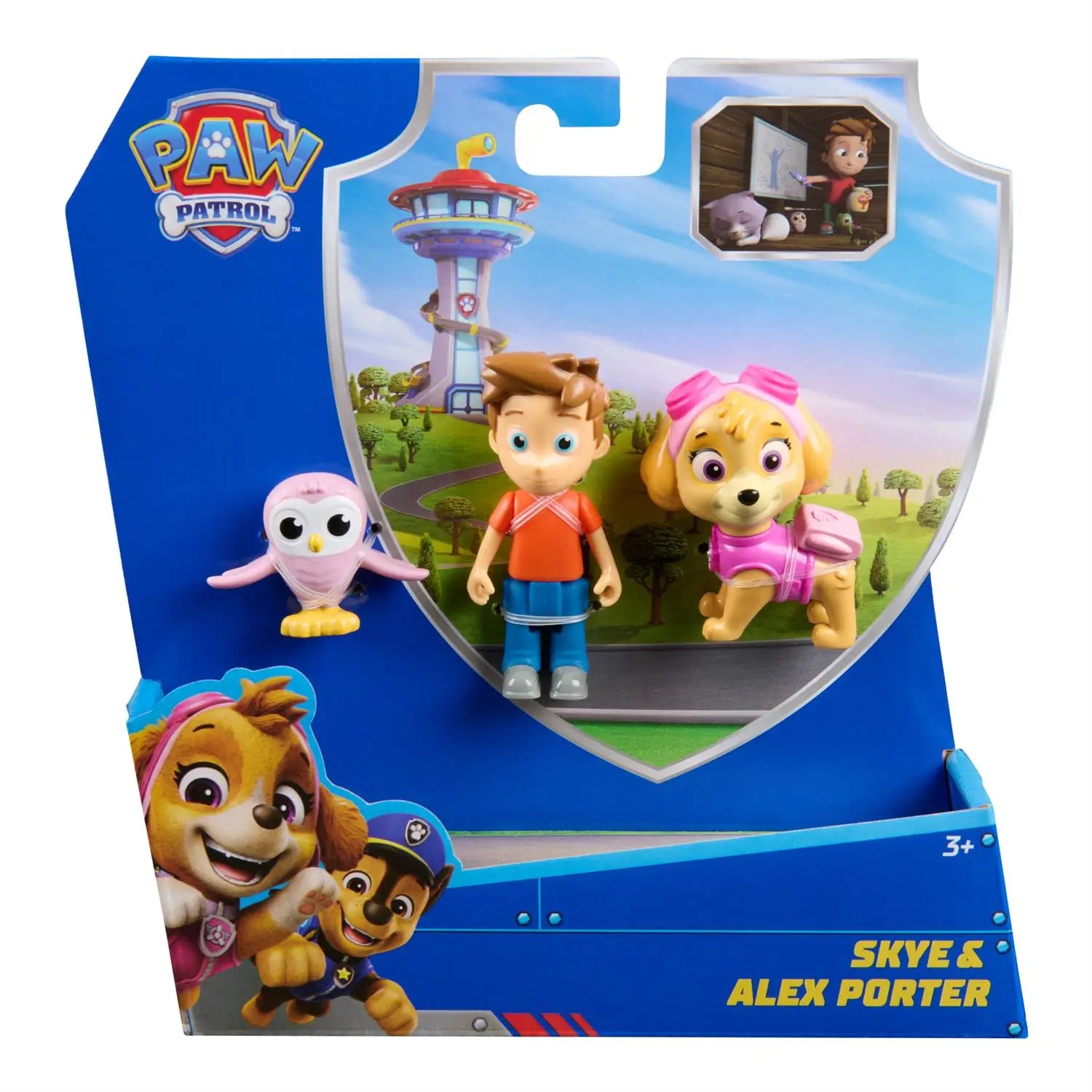 Paw Patrol Skye & Alex Porter figure set in retail packaging, featuring Skye in pink vest, Alex Porter in red shirt, and pink owl Little Hootie with tower scene background.