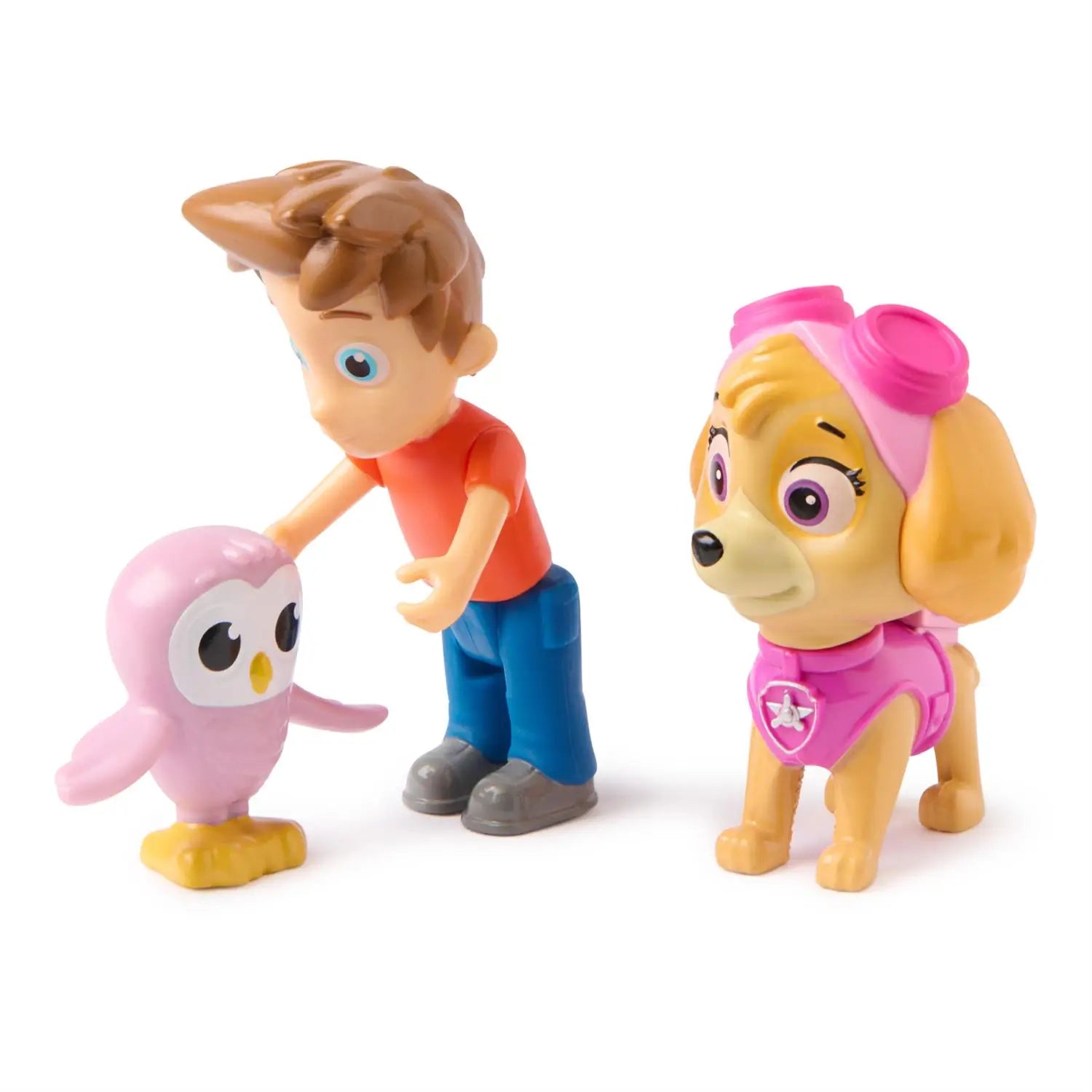 Paw Patrol toy set with Skye dog figure in pink goggles, Alex Porter boy figure in red shirt, and small pink owl Little Hootie displayed on white background.