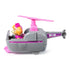 Side profile of Paw Patrol Skye helicopter toy, gray and pink design with tail rotor, cockpit window detailing, paw badge emblem, and Skye character inside.
