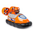 Angled view of Paw Patrol Zuma hovercraft toy with Zuma character in orange helmet seated in cockpit, black float base, silver side panels, and twin propeller fans.