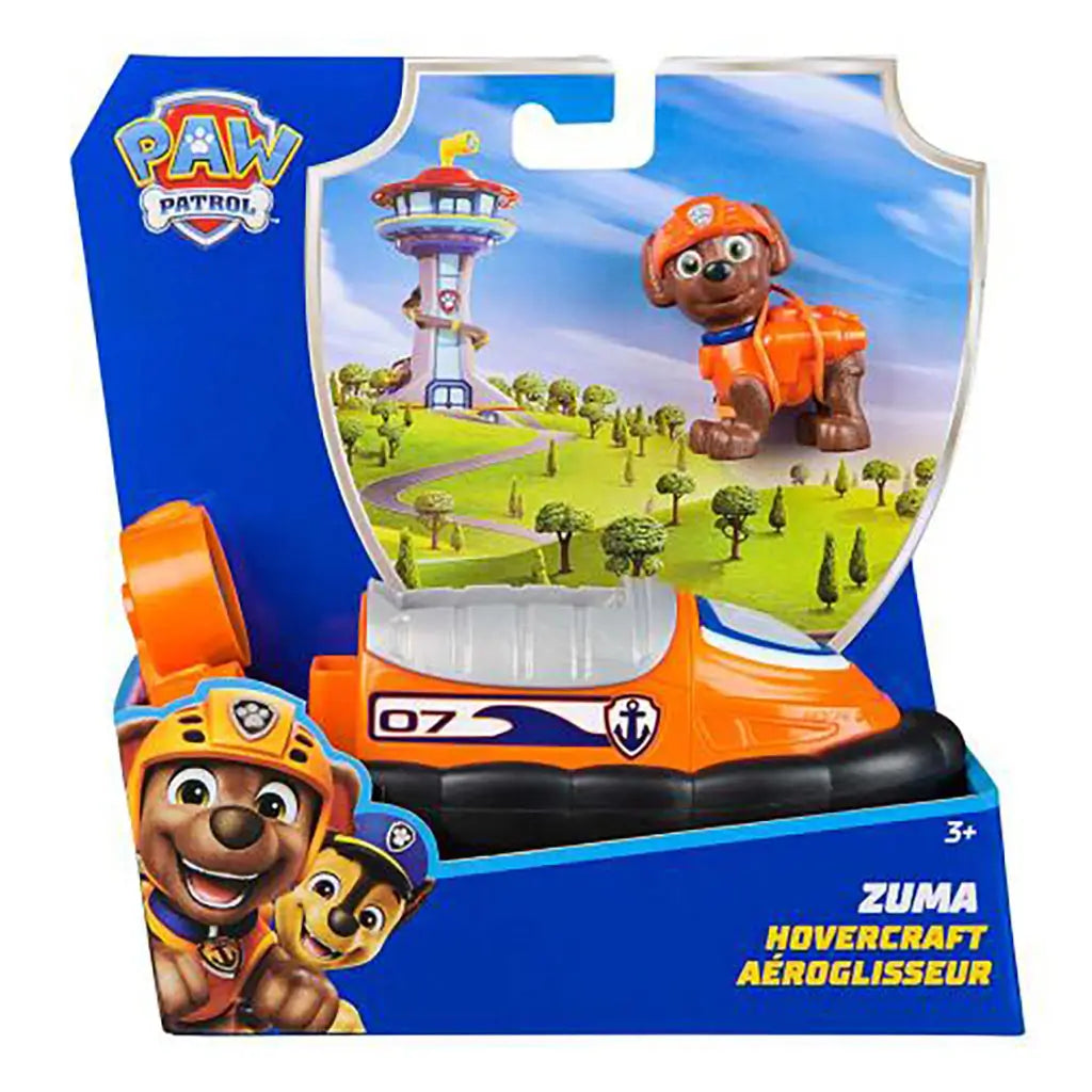 Paw Patrol Zuma hovercraft toy in retail package, bright orange and black design with number 07, anchor emblem, and Zuma figure in orange helmet on display.