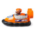 Side view of Paw Patrol Zuma in orange hovercraft with silver panels, dual rear propellers, anchor emblem, and Zuma figure seated inside wearing safety helmet.