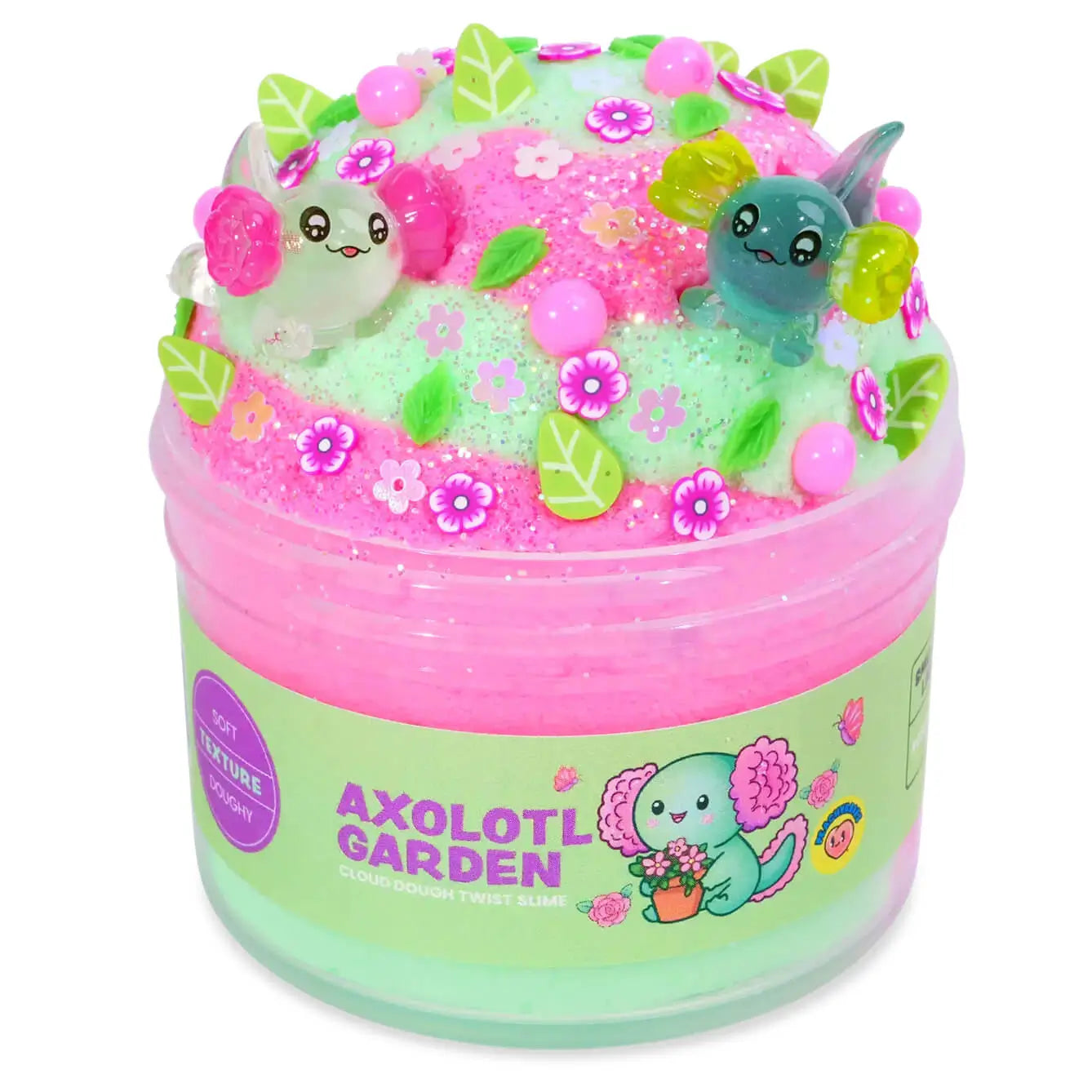 Pink and green cloud dough slime with a smooth, fluffy texture, decorated with axolotl figurines, flower confetti, leaf sprinkles, and pearls, packaged in a jar labeled Axolotl Garden.