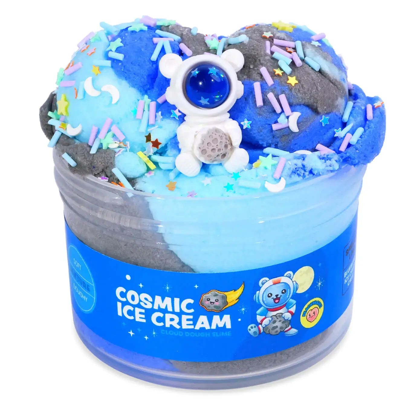 Gray and blue cloud dough slime with a soft texture, topped with an astronaut bear figurine, moon and star sprinkles, and pastel accents, packaged in a jar labeled Cosmic Ice Cream Cloud Dough Slime.