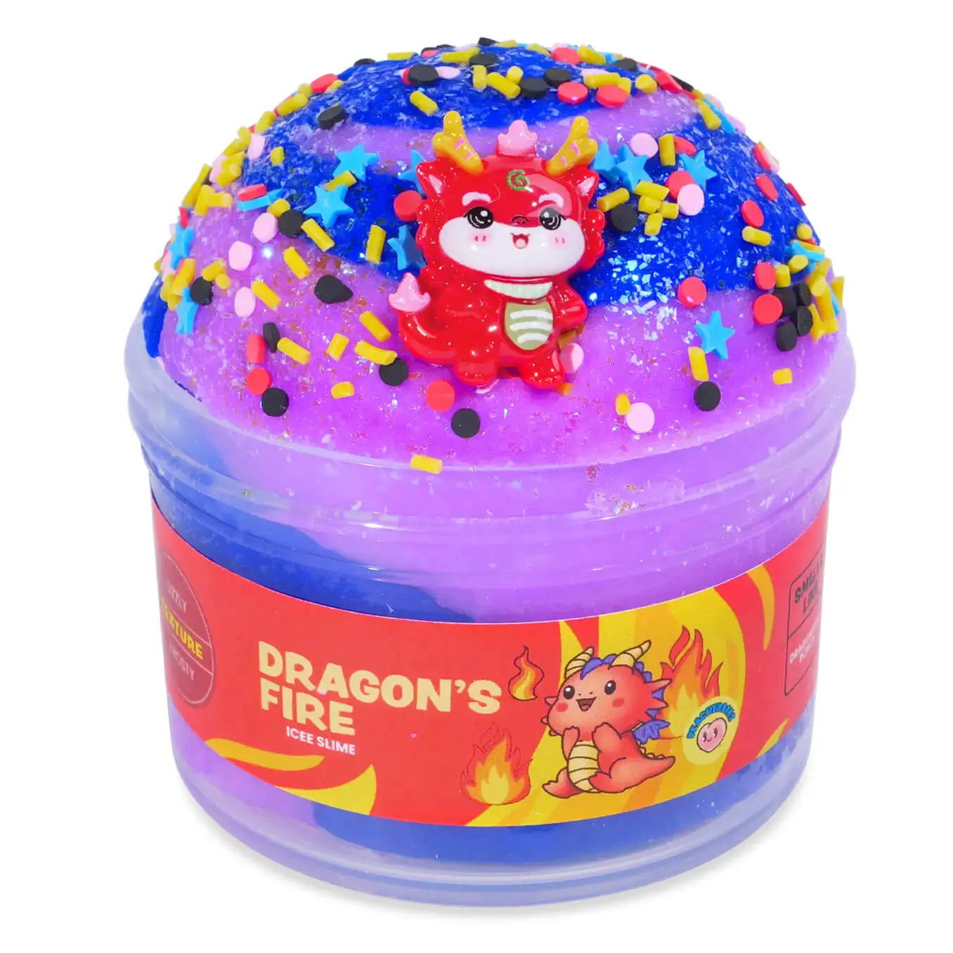 Purple and blue icee slime with a textured look, topped with a red dragon figurine, colorful sprinkles, and star confetti, packaged in a clear jar labeled Dragon’s Fire Icee Slime.