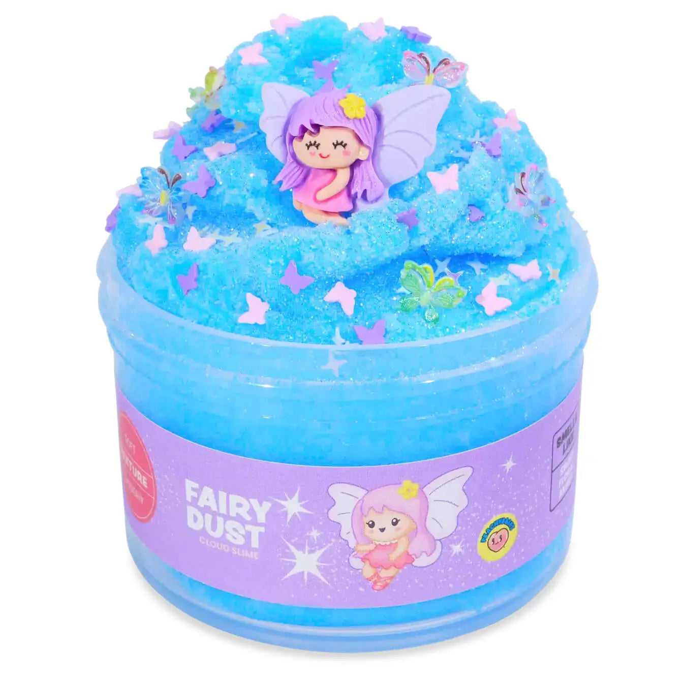 Bright blue cloud slime with a soft, fluffy texture, topped with purple fairy figure, glittery star and butterfly confetti, packaged in a clear jar labeled Fairy Dust for play.