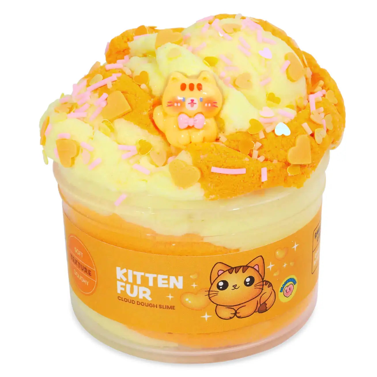 Bright orange and cream cloud dough slime in a clear jar, topped with pastel heart sprinkles and a tiny cat charm, labeled “Kitten Fur” for Peachybbies sensory play.